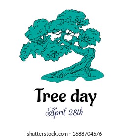 Baumhandgezeichnetes Logo. Vektorillustration-Banner mit grünem Baum auf weiß ausgeschnitten. Vektorillustration mit Tinte am Baumtag gezeichnet.
