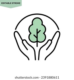 Tree and hands, ecology related icons, editable stroke