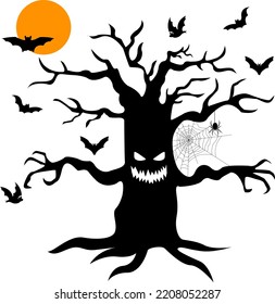 Tree with hands, eyes and cobwebs on a branch. Against the background of the moon. Halloween, bats.