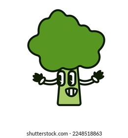 Tree with hands, eyes and happy smile vintage style vector illustration. Protect environment. Save trees and forest. Ecological poster. 50th 60th 70th hero image for kids cartoon funny style.