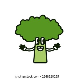 Tree with hands, eyes and happy smile vintage style vector illustration. Protect environment. Save trees and forest. Ecological poster. 50th 60th 70th hero image for kids cartoon funny style.