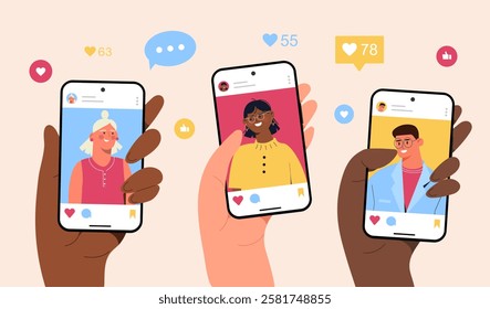 Tree Hands holding smartphones displaying a profiles with likes and comments icons on pastel background. Concept of social media interaction. Flat cartoon ector illustration