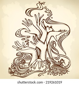Tree of hands. Ornament. Drawing.