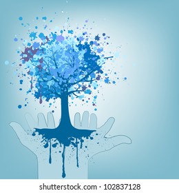 Tree in hands of the person, blue vector background