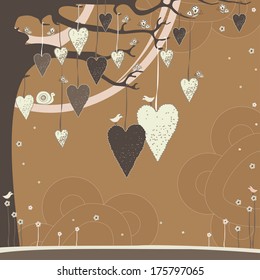 Tree with hanging hearts. Vector illustration