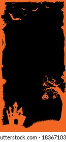 Tree with hanging pumpkin and castle, house with bats above vector Halloween web banner vertical half page ad size template background. 