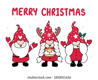 tree Happy Gnome in red hat, merry christmas, cartoon vecotr outline, idea for greeting card, kid print