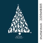 Tree of hares. Happy New Year 2023. Beautiful christmas card. Vector illustration