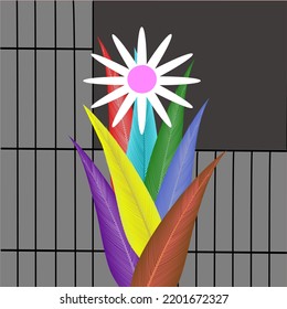 The tree has colorful leaves and white flowers, vector illustration