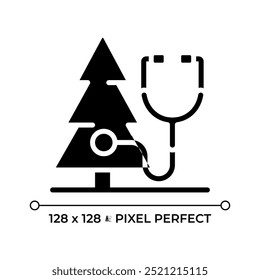 Tree health care black glyph icon. Tree diagnosis and treatment. Plant care. Arboriculture. Sustainable forestry. Silhouette symbol on white space. Solid pictogram. Vector isolated illustration