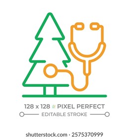 Tree health care two color line icon. Tree diagnosis and treatment. Plant care. Sustainable forestry. Bicolor outline symbol. Duotone linear pictogram. Isolated illustration. Editable stroke