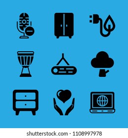tree, health insurance, drum, electricity, microphone, cupboard, laptop, log and closet vector icon. Simple icons set