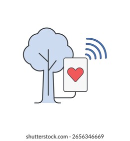 Ícone do sensor de saúde da árvore mostrando um sensor com linhas de sinal anexadas a uma árvore, perfeito para silvicultura inteligente, monitoramento ambiental e visuais de gerenciamento de ecossistema de precisão.