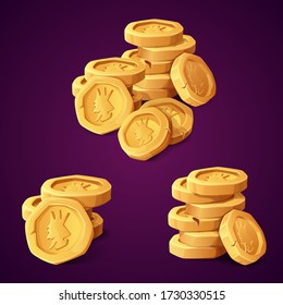 Tree heaps of golden coins. Illustration or icon for casual game