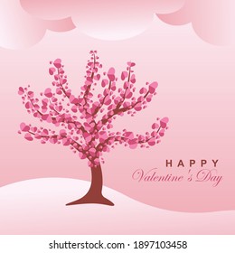 Tree with heart. Greeting card Happy Valentine's Day. Vector illustration flat design. Isolated on white background.