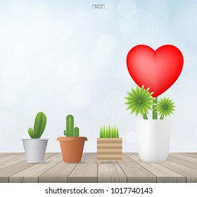Tree of heart on wood with light blurred bokeh background. Abstract sign and symbol for valentines' day. Flower of red heart. Vector illustration.