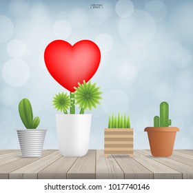 Tree of heart on wood with light blurred bokeh background. Abstract sign and symbol for valentines' day. Flower of red heart. Vector illustration.
