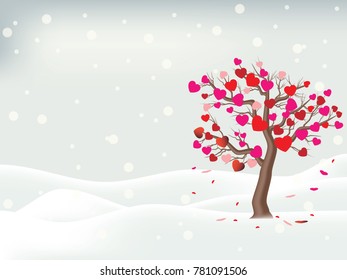 Tree of heart shape leaves on snow scene. Concept of love for valentine day. 
