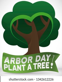 Tree with heart shaped foliage and branches behind greeting ribbon, promoting tree plantation to celebrate Arbor Day.
