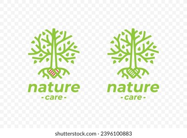 Árbol con diseño de logotipo de raíces en forma de corazón. Concepto de amor por la naturaleza y cuidado del diseño de vectores ambientales