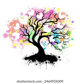 Tree with hearts and blots. hand drawing. Not AI. Happy Valentine's Day. Vector illustration