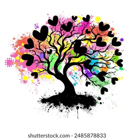Tree with hearts and blots. hand drawing. Not AI. Happy Valentine's Day. Vector illustration