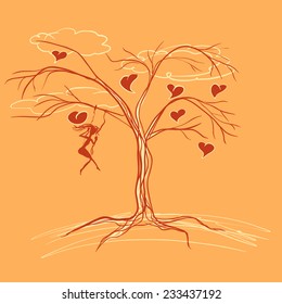 Tree and hearts. Can be used for Valentine's Day greeting card design. Hand drawn illustration.