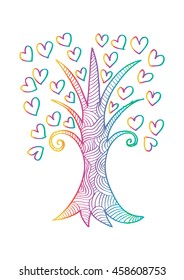 Tree with hearts. Hand drawing illustration.