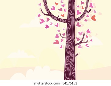 Tree of hearts. Some of trees aren't common trees. Some of them are speaking stories, like THIS one. Art vector Illustration.