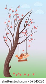 tree of hearts and two love birds on a swing