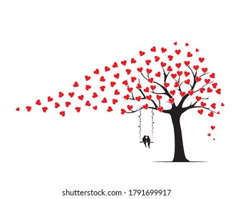 Tree with hearts and wind, vector. Love tree with birds on swing, isolated on white background. Scandinavian minimalist art design. Poster design. Wall decals, wall decor. Art design, artwork