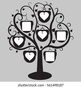 Tree with heart-shaped frames for the photos, isolated on a gray background. Vector illustration. Stencil for the album.