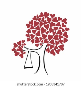 tree with heart-shaped leaves, swing hanging on the tree, holiday valentine, vector illustration