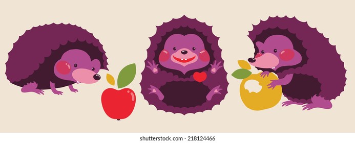 Tree Hedgehogs eating apples. Isolated objects. Children illustration for School books, magazines, advertising and more. Separate Objects. VECTOR.