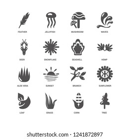Tree, Hemp, Seashell, Leaf, Sunflower, Feather, Deer, Aloe vera, Corn, Grass, Mushroom icon 16 set EPS 10 vector format. Icons optimized for both large and small resolutions.