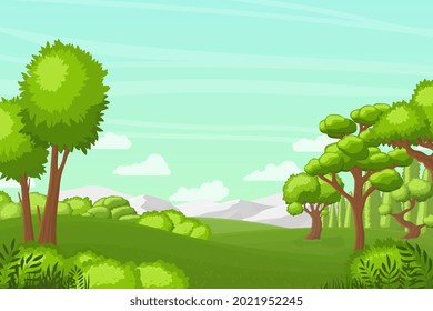 Tree and hill landscape. Green pastures, mountains and bushes. Blue sky with white clouds, beautiful meadow grass fields recent vector background