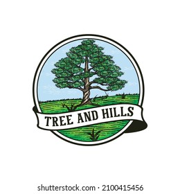 TREE AND HILLS EMBLEM LOGO DESIGN VECTOR