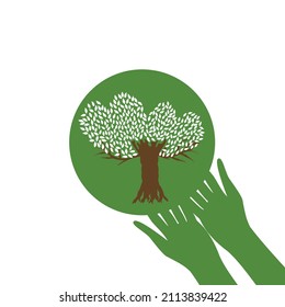 A tree holding leaves shaped into hearts and two green hands with a circle. Go green, recycle, save the Earth, Earth Day, sustainability, and plant a tree concept. Vector illustration.