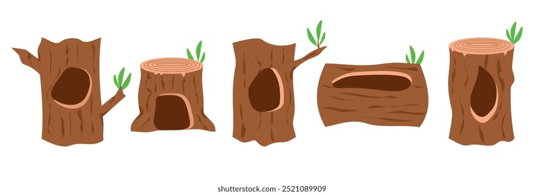 Tree hole illustration. Hollow tree vector art. Animal home vector stock. Leaves in tree holes. 