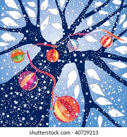 Tree with holiday ornaments under falling snow, sky blue background, vector illustration