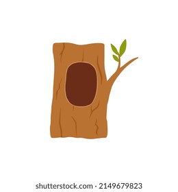 Tree hollow with branch and green leaves, flat vector illustration isolated on white background. Cartoon empty hole in tree trunk for animals sheltering and living.