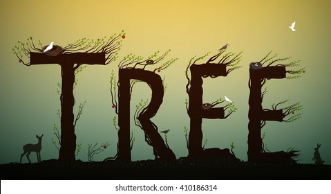 tree home, forest tree text plant grows on the soil decorated with forest animal, nest and birds, Fairy tree text, environment, vector