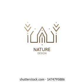 Tree, home logo template. Abstract outline icon of trees, garden, eco house. Tree house construction. Vector minimalistic emblem for business design, badge for construction, ecology, spa, yoga Center