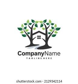tree home and river logo design