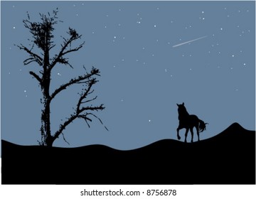 Tree and horse in moonlight