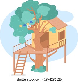 Tree House 2D Vector Web Banner, Poster. Children Playhouse Flat Object On Cartoon Background. Homemade Place For Kids In Backyard. Building Treehouse. Treeshed Printable Patch, Colorful Web Element