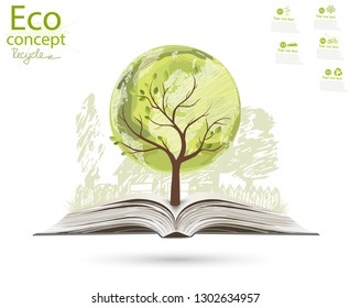 El árbol y la casa encima de un libro abierto sobre hierba verde. Plantilla de diseño de logotipos de árbol y casa.Un mundo respetuoso con el medio ambiente. Ilustración vectorial de la ecología el concepto de gráficos de información. Reciclaje