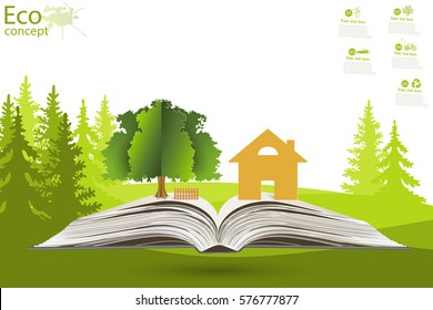 The tree and the house above an open book on green grass. The concept of ecology to save the planet. Eco friendly. Environmentally friendly world. Concept vector illustration of ecology. Background.
