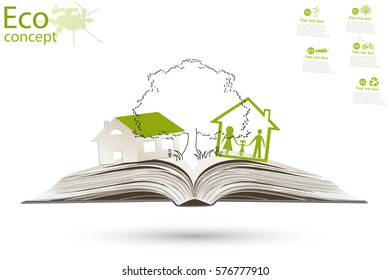 The tree and the house above an open book on green grass. The concept of ecology to save the planet. Eco friendly. Environmentally friendly world. Concept vector illustration of ecology. Background.