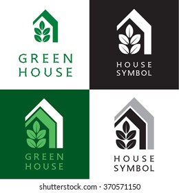Tree and house, abstract graphic symbol, vector icon, sign. Set of images, design element.